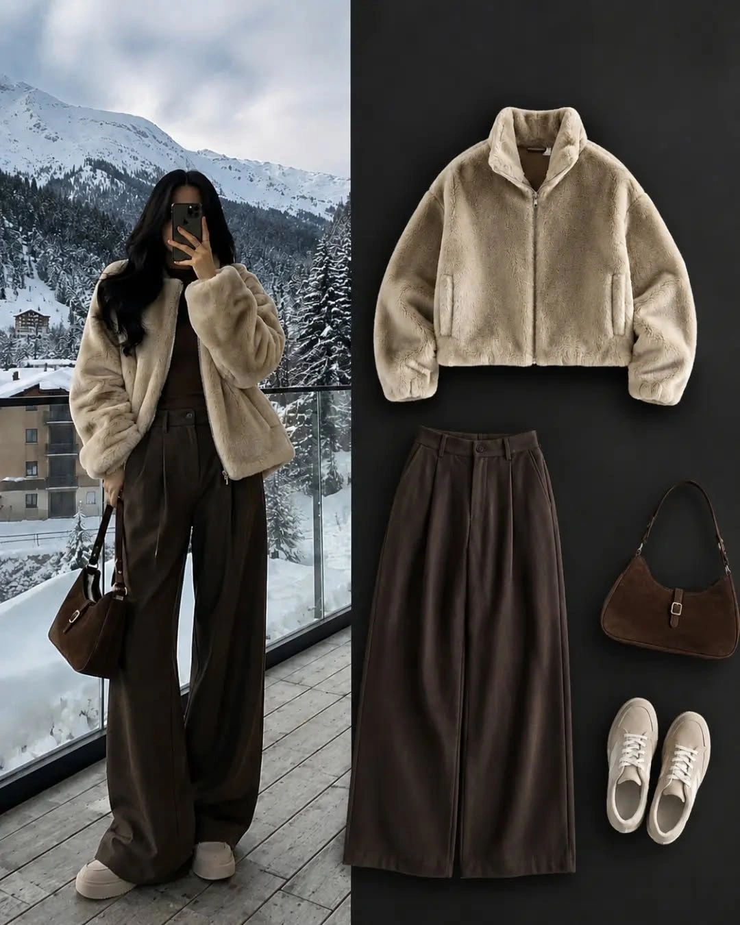 Cream fuzzy jacket with dark brown wide-leg trousers and light sneakers